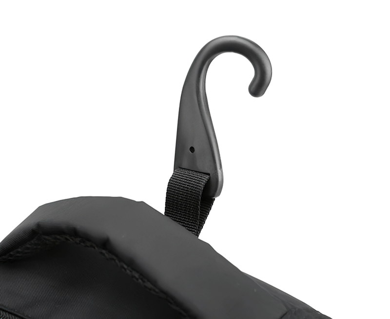 Close-up of the black hanging hook on a sports backpack with waterproof fabric, ideal for effortless storage and versatile use.